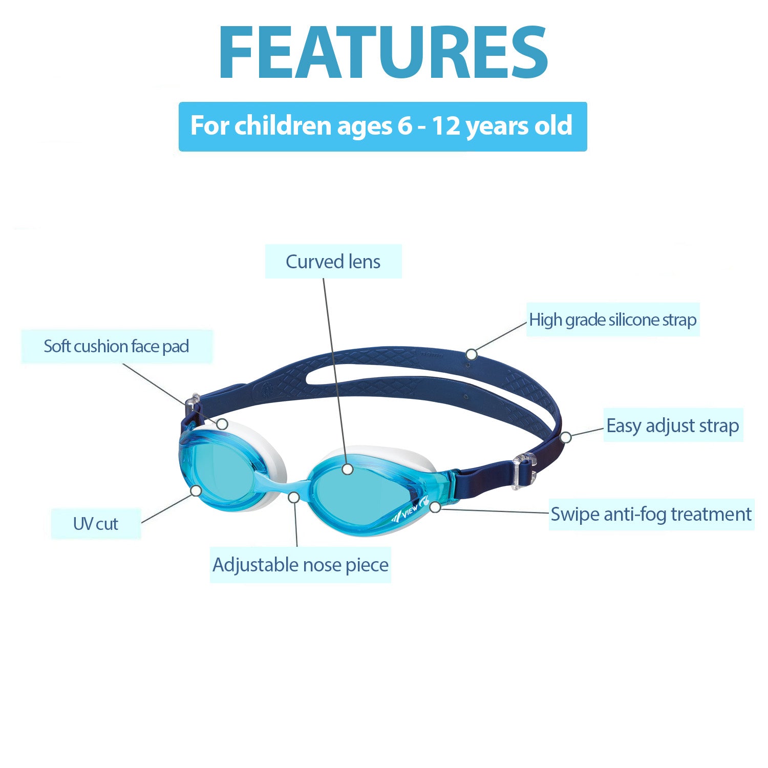 Junior SWIPE Swim Goggles for Ages 6-12, V-760JASA