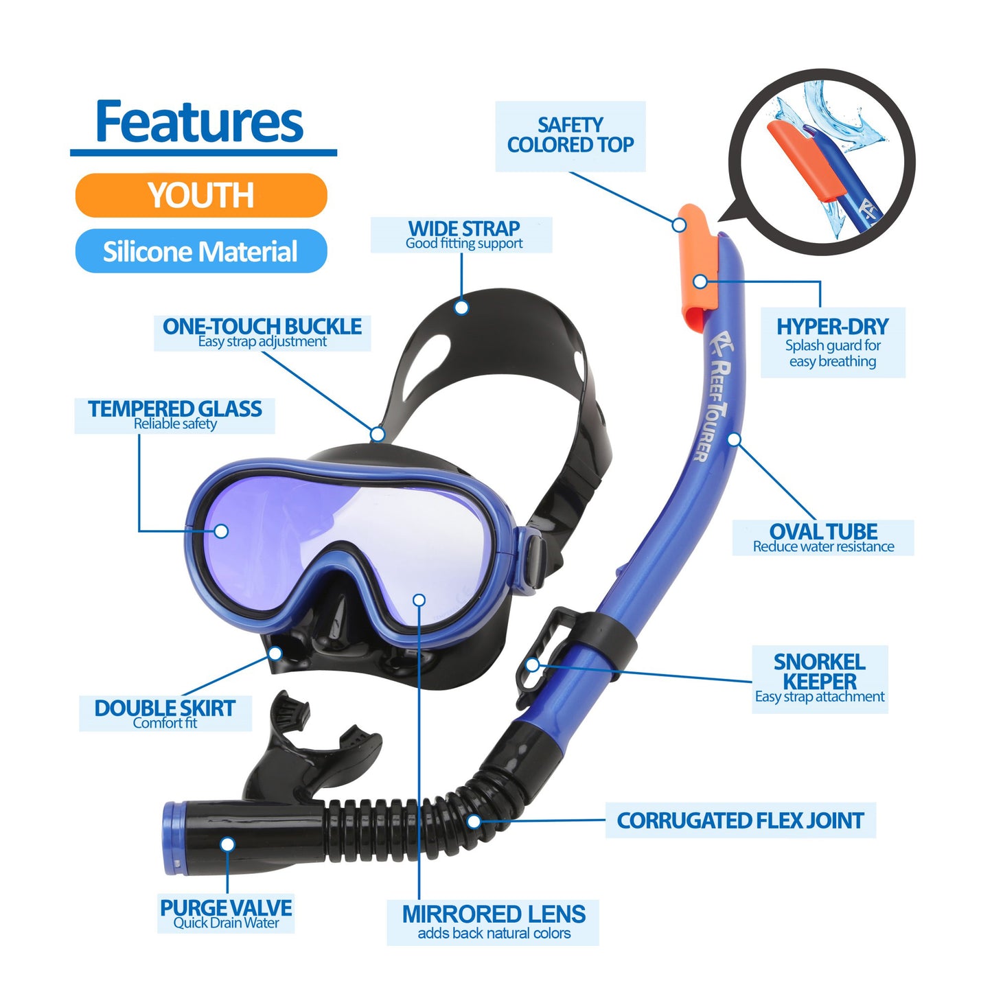 Youth Single-Window Mirrored Lens Mask & Snorkel Set for Kids Ages 4-9, RC0206M